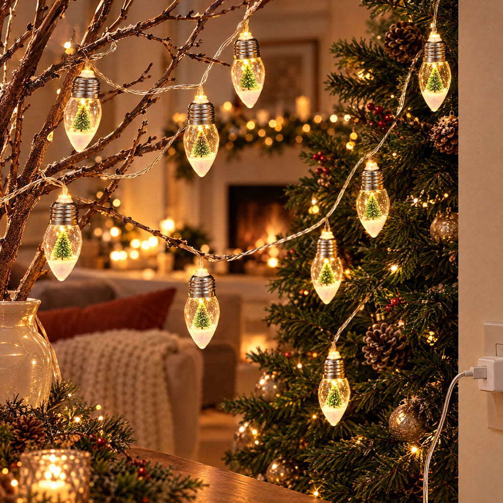 Christmas String Lights with Santa, Tree, or Snowman Inside Each Bulb - Single Christmas Tree - USB Model