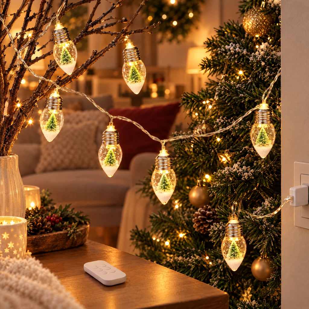 Christmas String Lights with Santa, Tree, or Snowman Inside Each Bulb - Single Christmas Tree - USB Eight-Function Remote Model