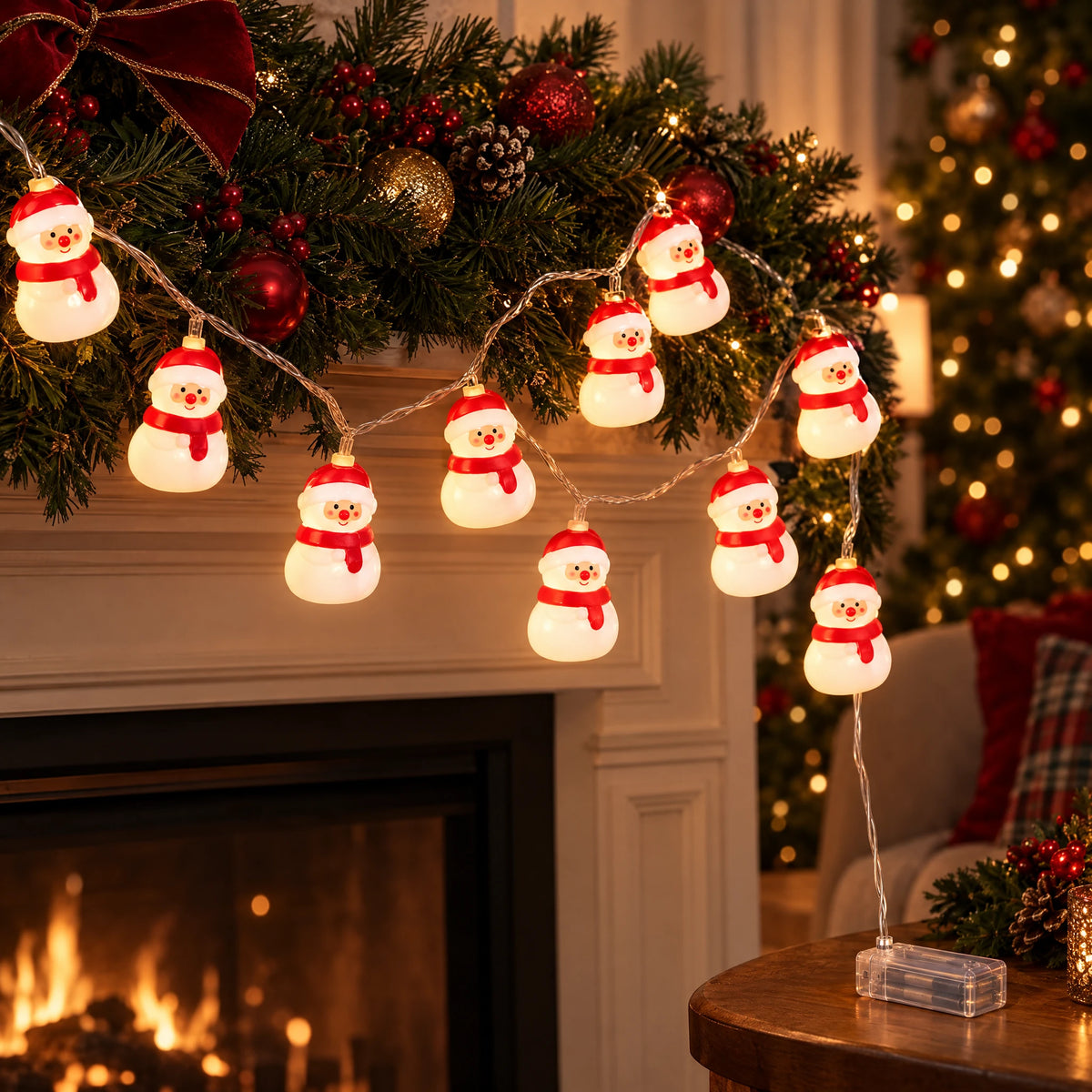 Christmas String Lights with Santa, Snowman, Bear, or Stocking Shapes - Red Hat Red Scarf Snowman - Battery Model
