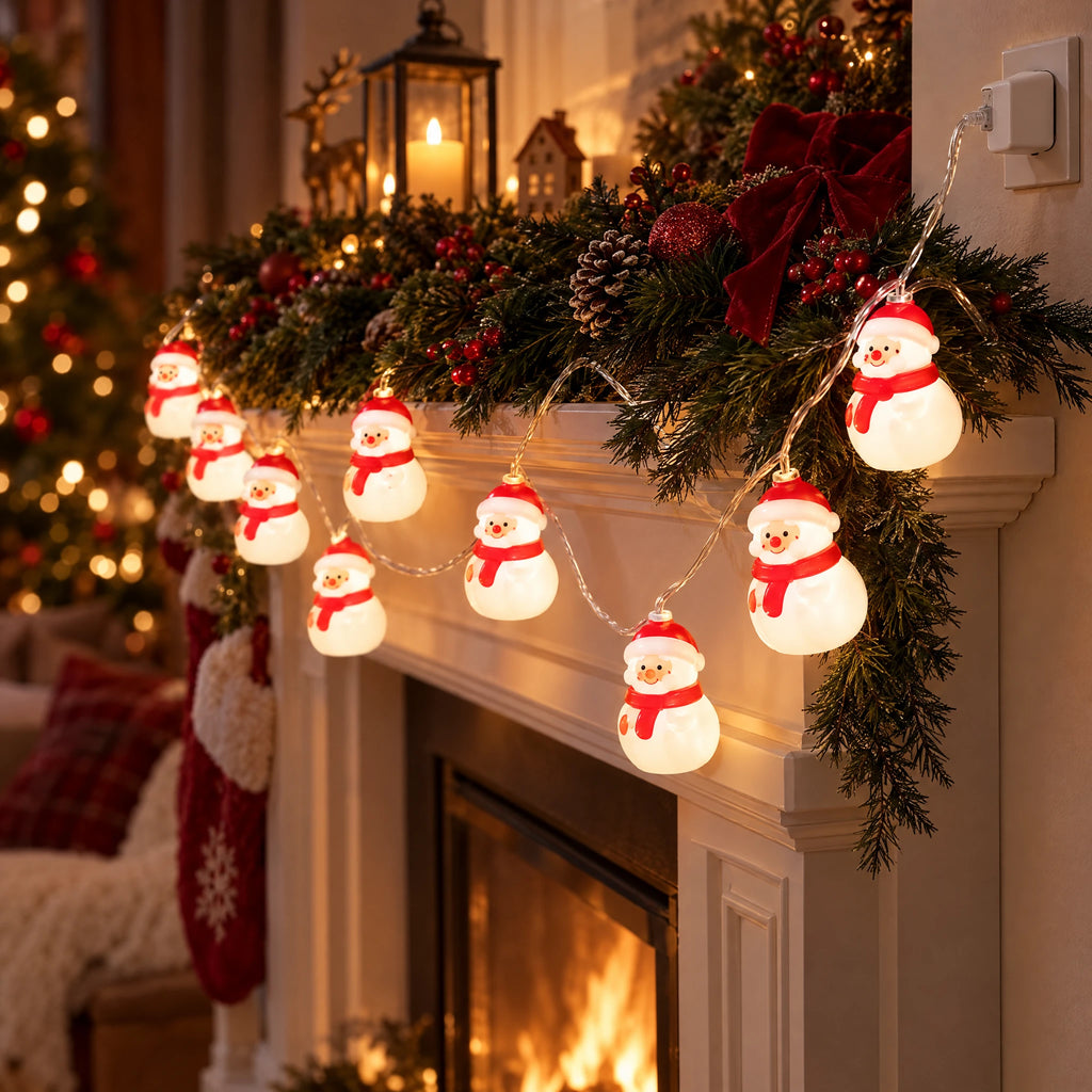 Christmas String Lights with Santa, Snowman, Bear, or Stocking Shapes - Red Hat Red Scarf Snowman - USB Model
