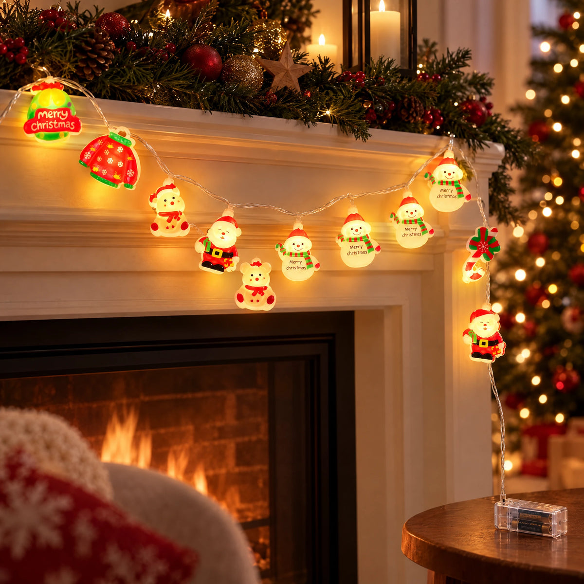 Christmas String Lights with Santa, Snowman, Bear, or Stocking Shapes - Blow-Molded Christmas Mix - Battery Model