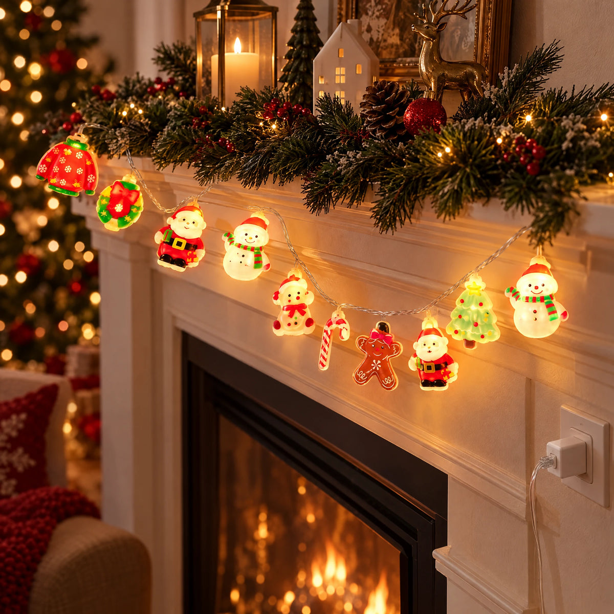 Christmas String Lights with Santa, Snowman, Bear, or Stocking Shapes - Blow-Molded Christmas Mix - USB Model
