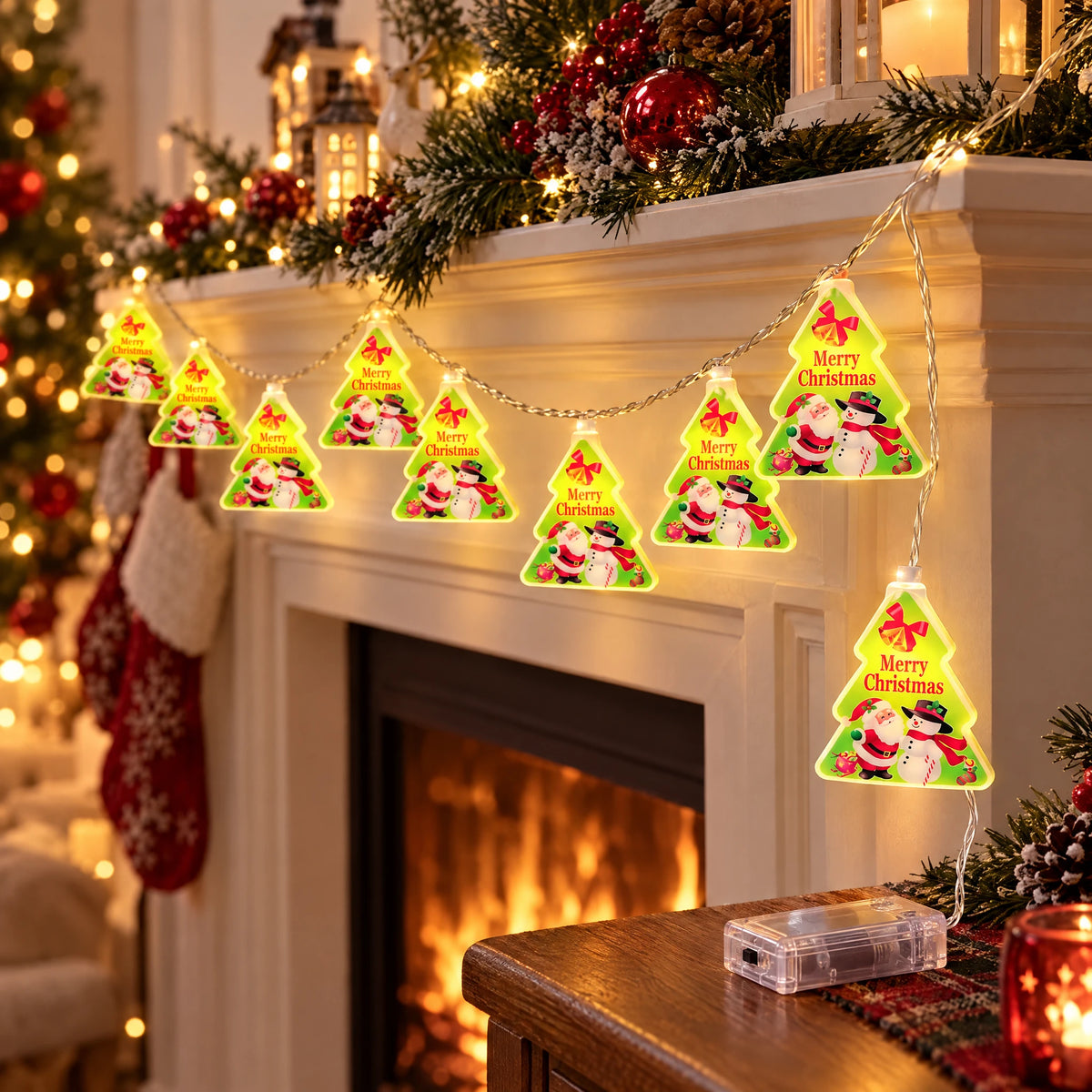 Christmas String Lights with Santa, Snowman, Bear, or Stocking Shapes - Painted Christmas Tree - Battery Model