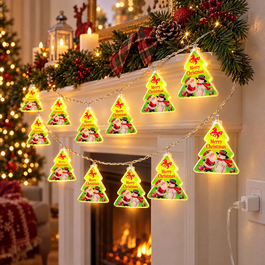 Christmas String Lights with Santa, Snowman, Bear, or Stocking Shapes - Painted Christmas Tree - USB Model