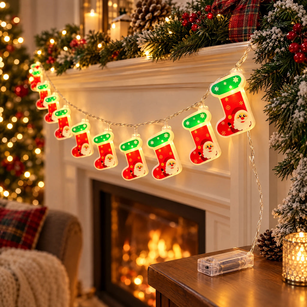 Christmas String Lights with Santa, Snowman, Bear, or Stocking Shapes - Painted Christmas Stocking - Battery Model