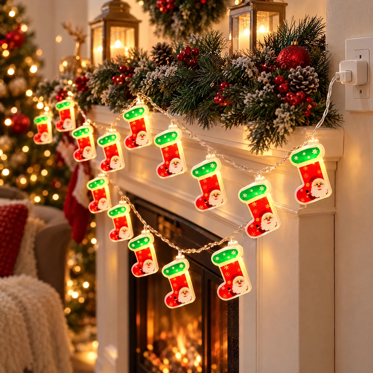 Christmas String Lights with Santa, Snowman, Bear, or Stocking Shapes - Painted Christmas Stocking - USB Model
