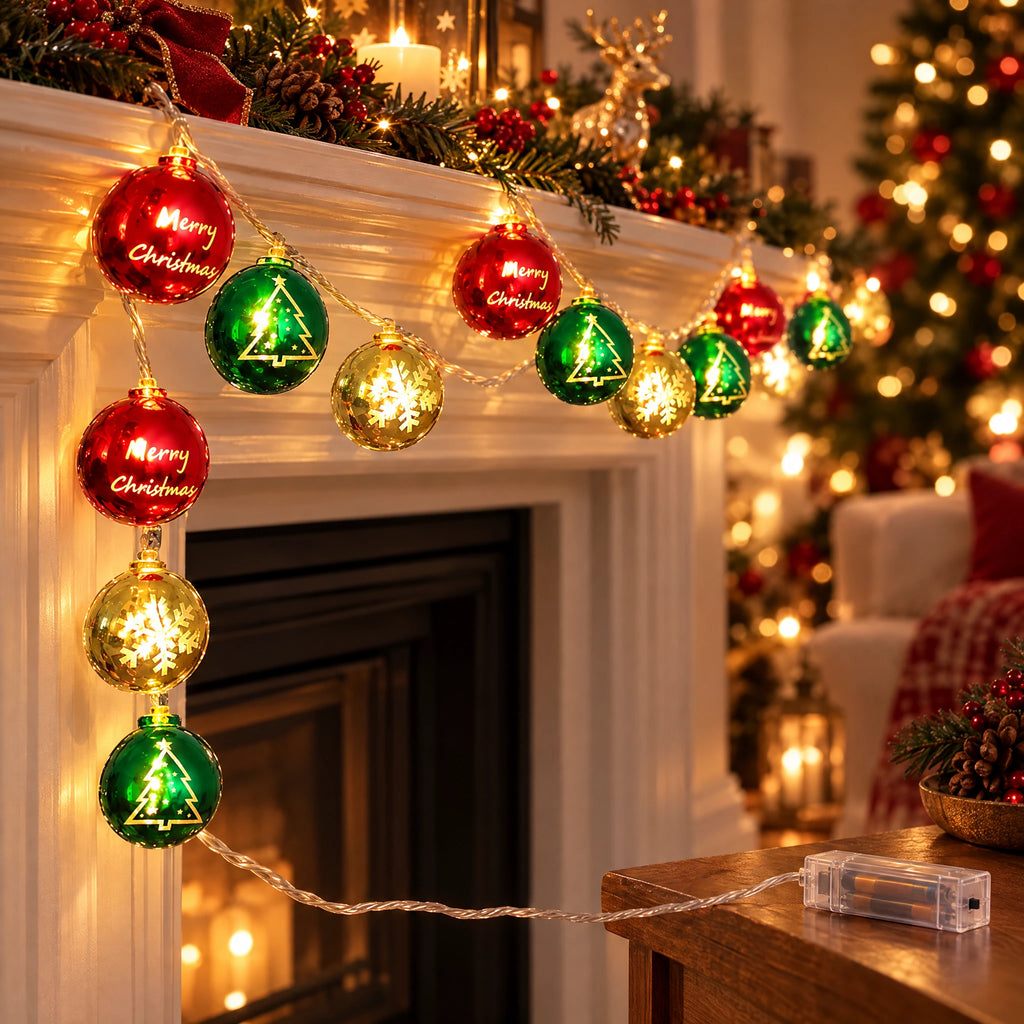 Christmas String Lights with Santa, Snowman, Bear, or Stocking Shapes - Electroplated Ball - Battery Model