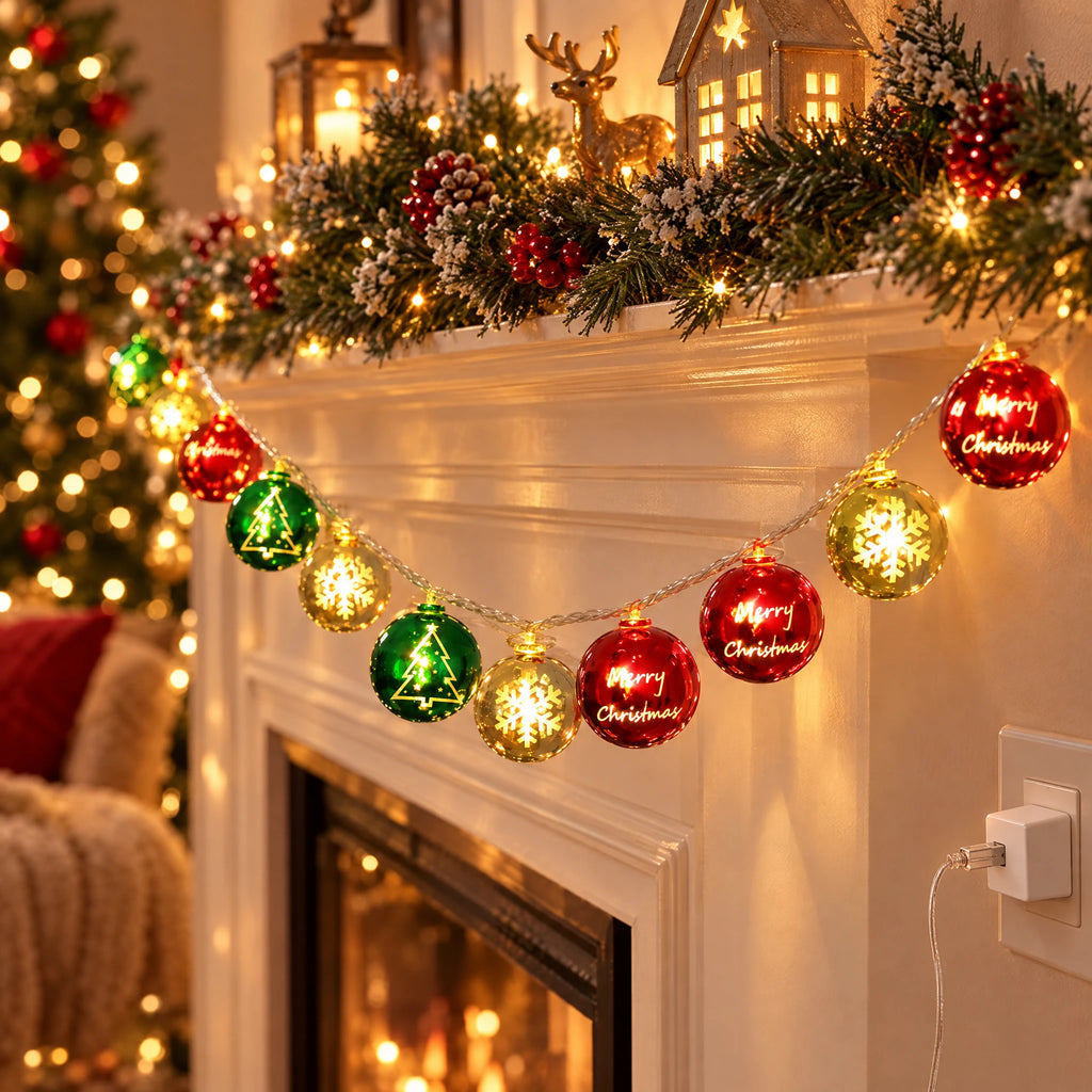 Christmas String Lights with Santa, Snowman, Bear, or Stocking Shapes - Electroplated Ball - USB Model