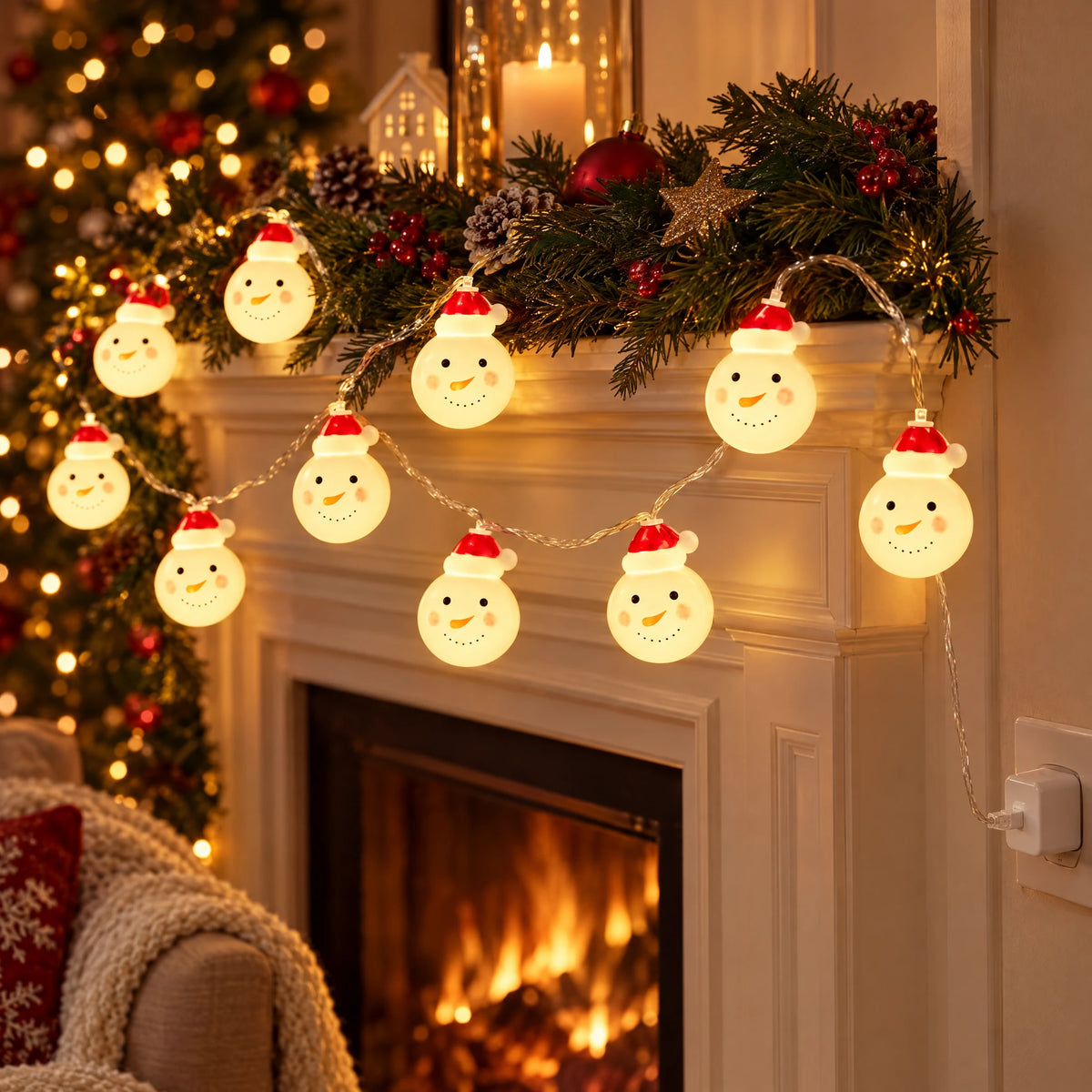 Christmas String Lights with Santa, Snowman, Bear, or Stocking Shapes - Red Hat Snowman - USB Model