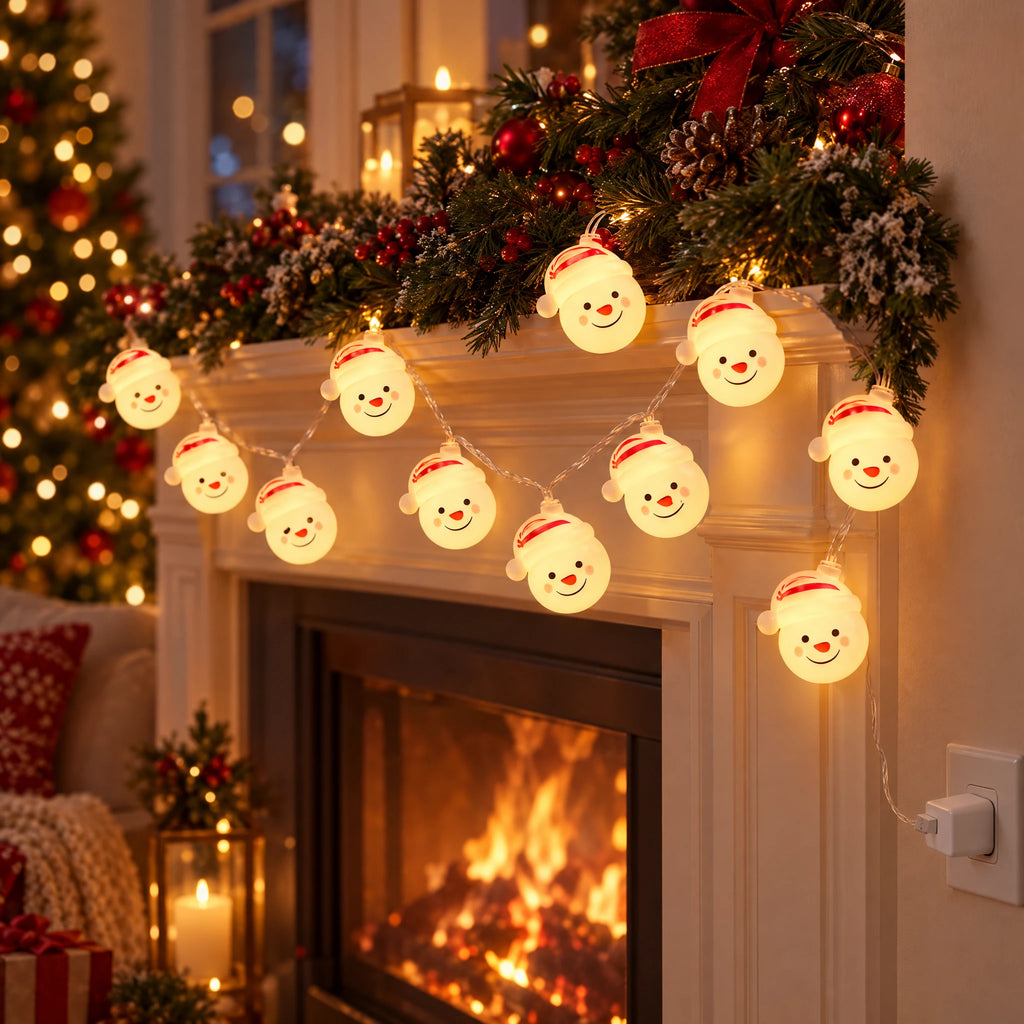 Christmas String Lights with Santa, Snowman, Bear, or Stocking Shapes - Smiling Snowman - USB Model