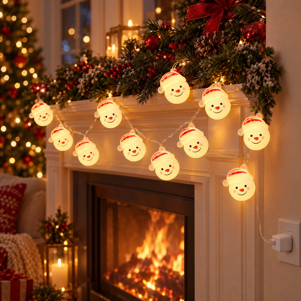 Christmas String Lights with Santa, Snowman, Bear, or Stocking Shapes - Smiling Snowman - USB Model