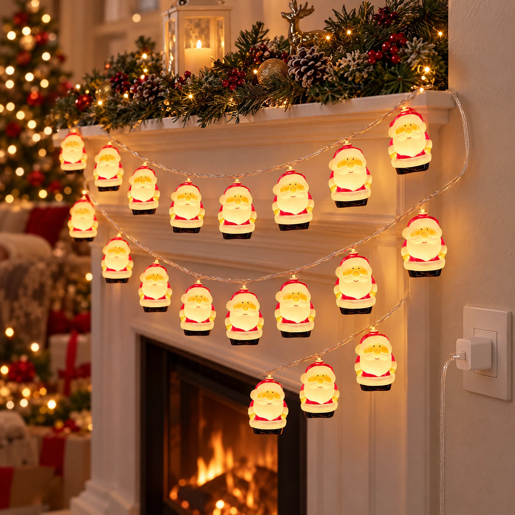 Christmas String Lights with Santa, Snowman, Bear, or Stocking Shapes - New Style Santa Claus - USB Model