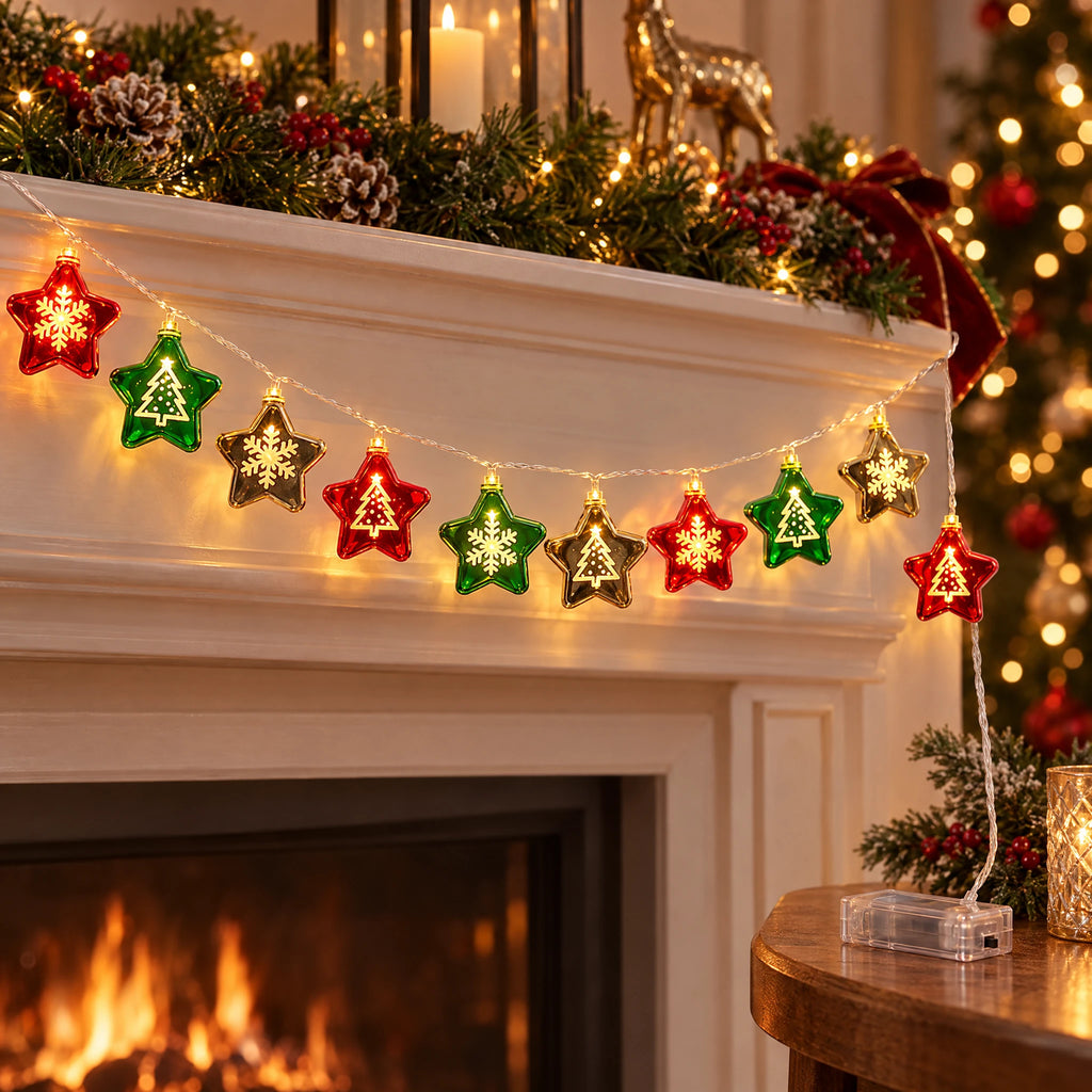 Christmas String Lights with Santa, Snowman, Bear, or Stocking Shapes - Electroplated Star - Battery Model