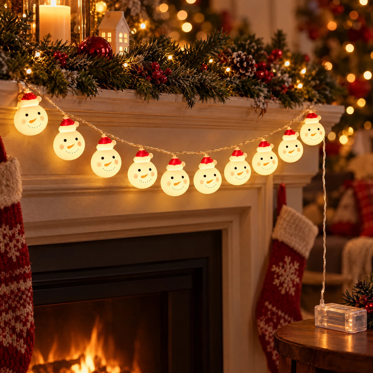 Christmas String Lights with Santa, Snowman, Bear, or Stocking Shapes - Red Hat Snowman - Battery Model