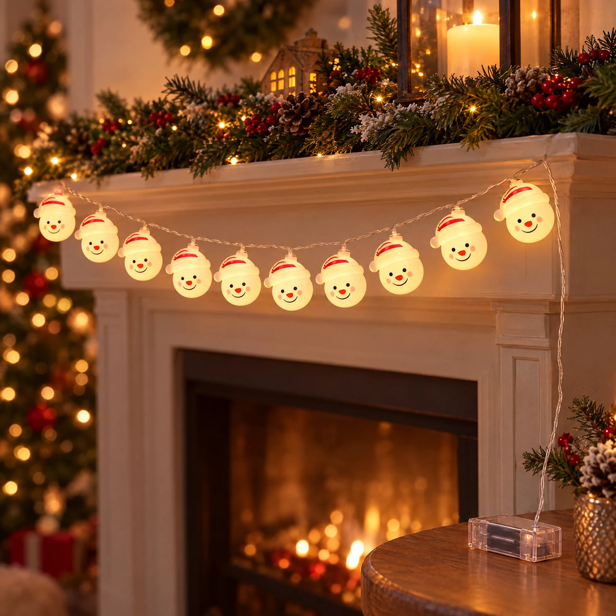 Christmas String Lights with Santa, Snowman, Bear, or Stocking Shapes - Smiling Snowman - Battery Model