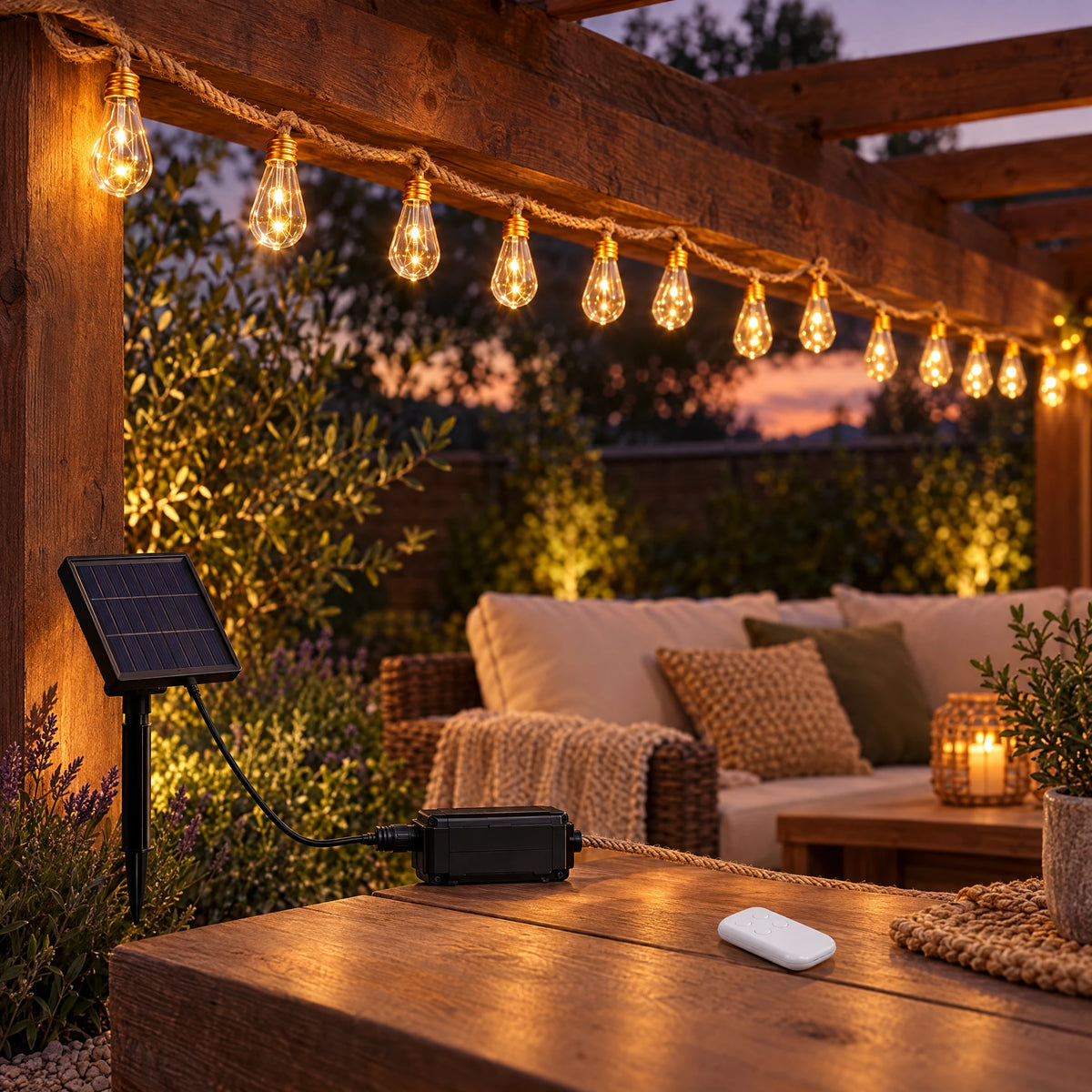 Solar String Lights on Hemp Rope - Clear Edison Bulbs
