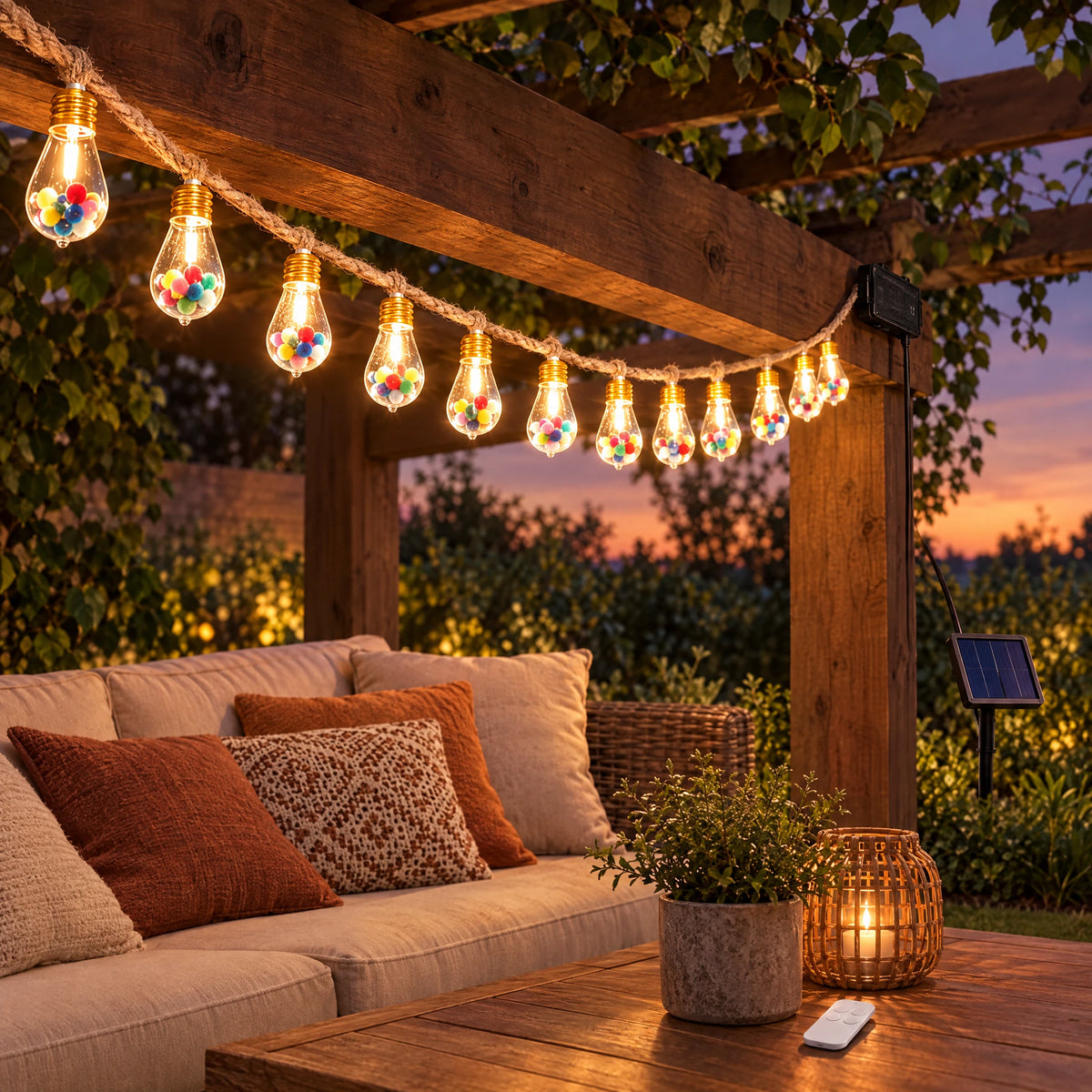 Solar String Lights on Hemp Rope - Colorful Small Pom-Poms