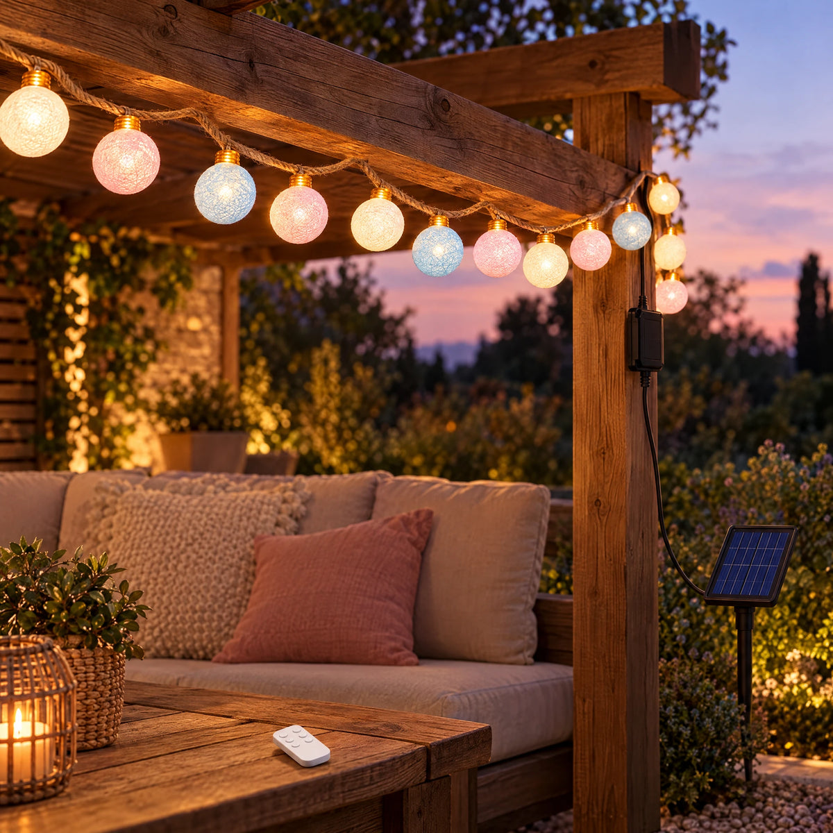 Solar String Lights on Hemp Rope - Cotton Thread Balls