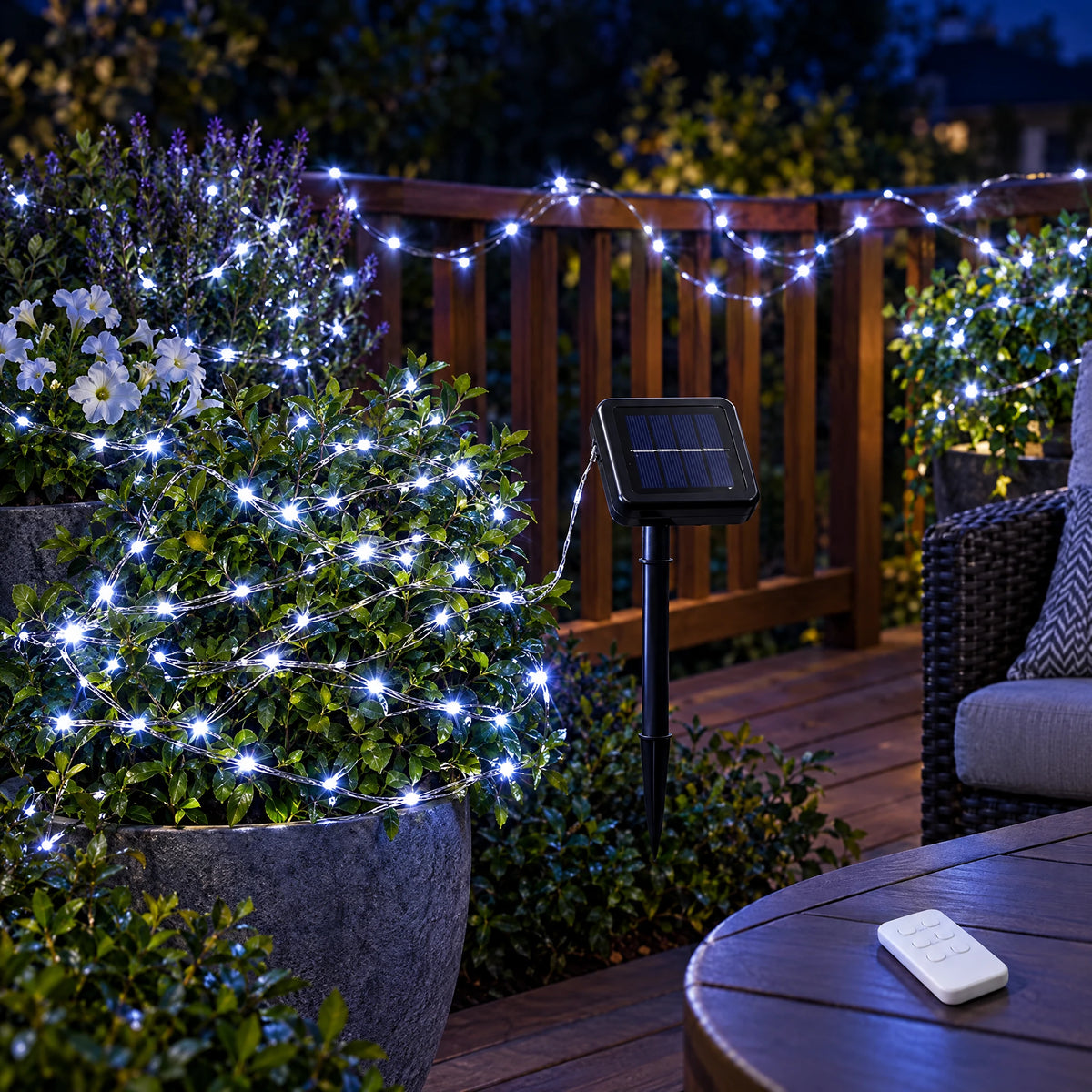 Solar Fairy Lights with 8 Modes - White Light - Large Panel with Remote Control