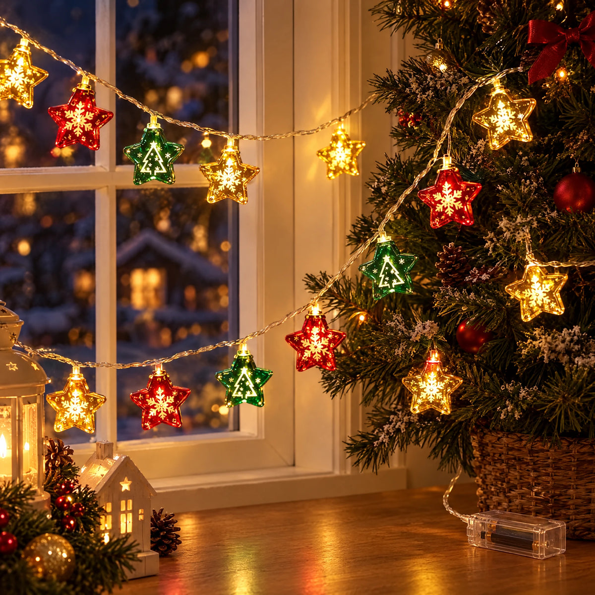 Christmas LED String Lights - Printed Five-Pointed Star - Battery