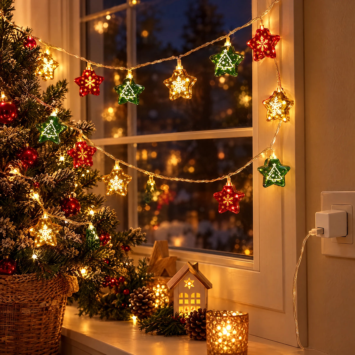Christmas LED String Lights - Printed Five-Pointed Star - USB