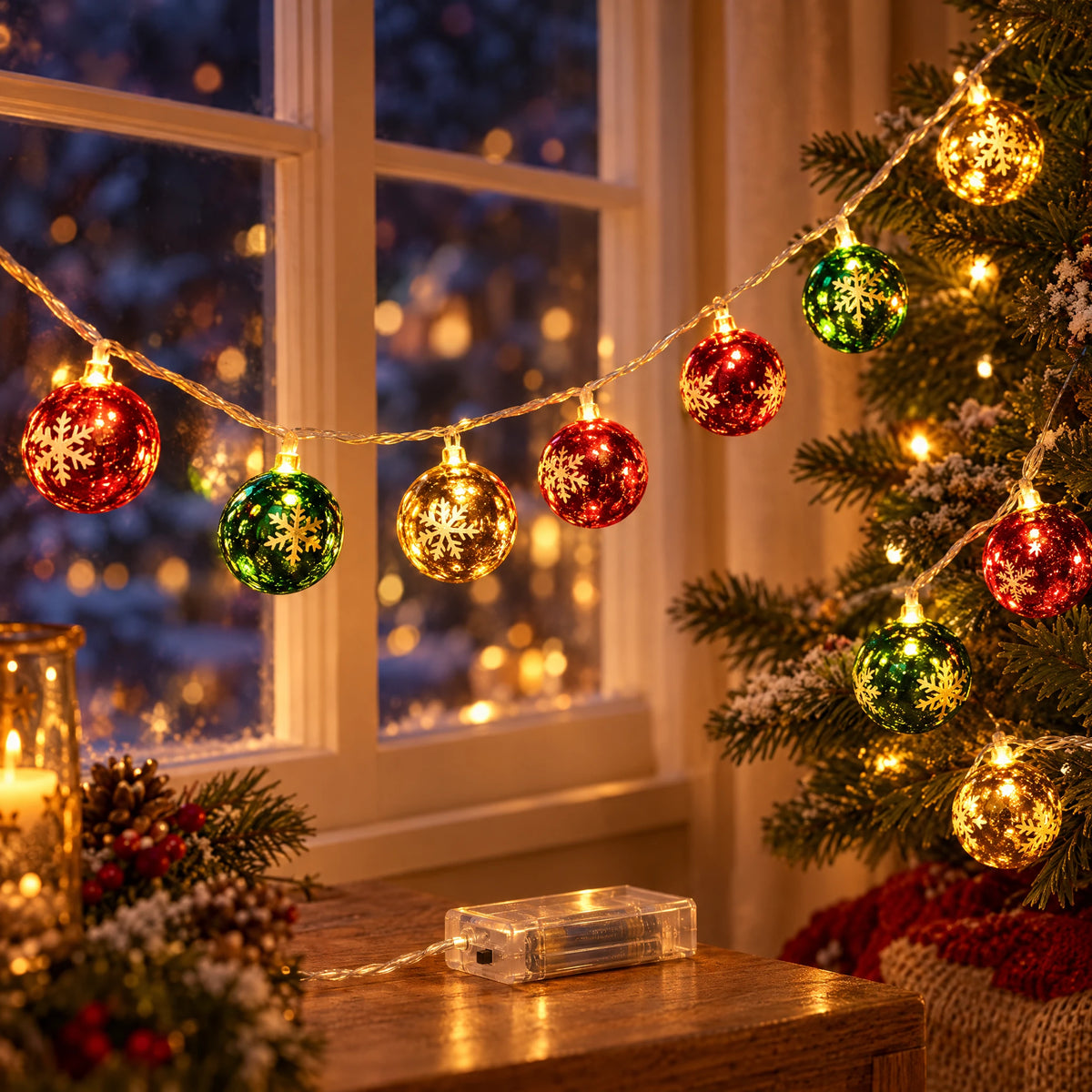 Christmas LED String Lights - Printed Christmas Ball - Battery