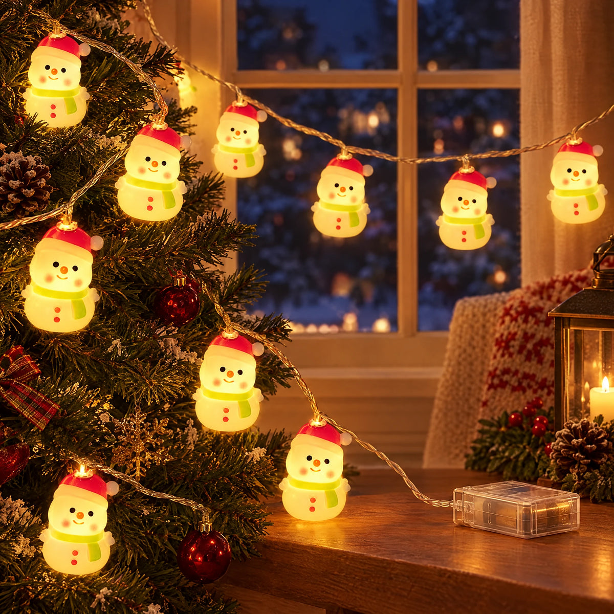 Christmas LED String Lights - Red Hat Green Scarf Snowman - Battery