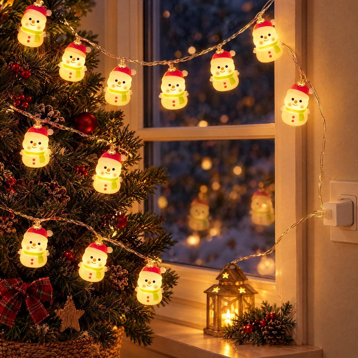 Christmas LED String Lights - Red Hat Green Scarf Snowman - USB