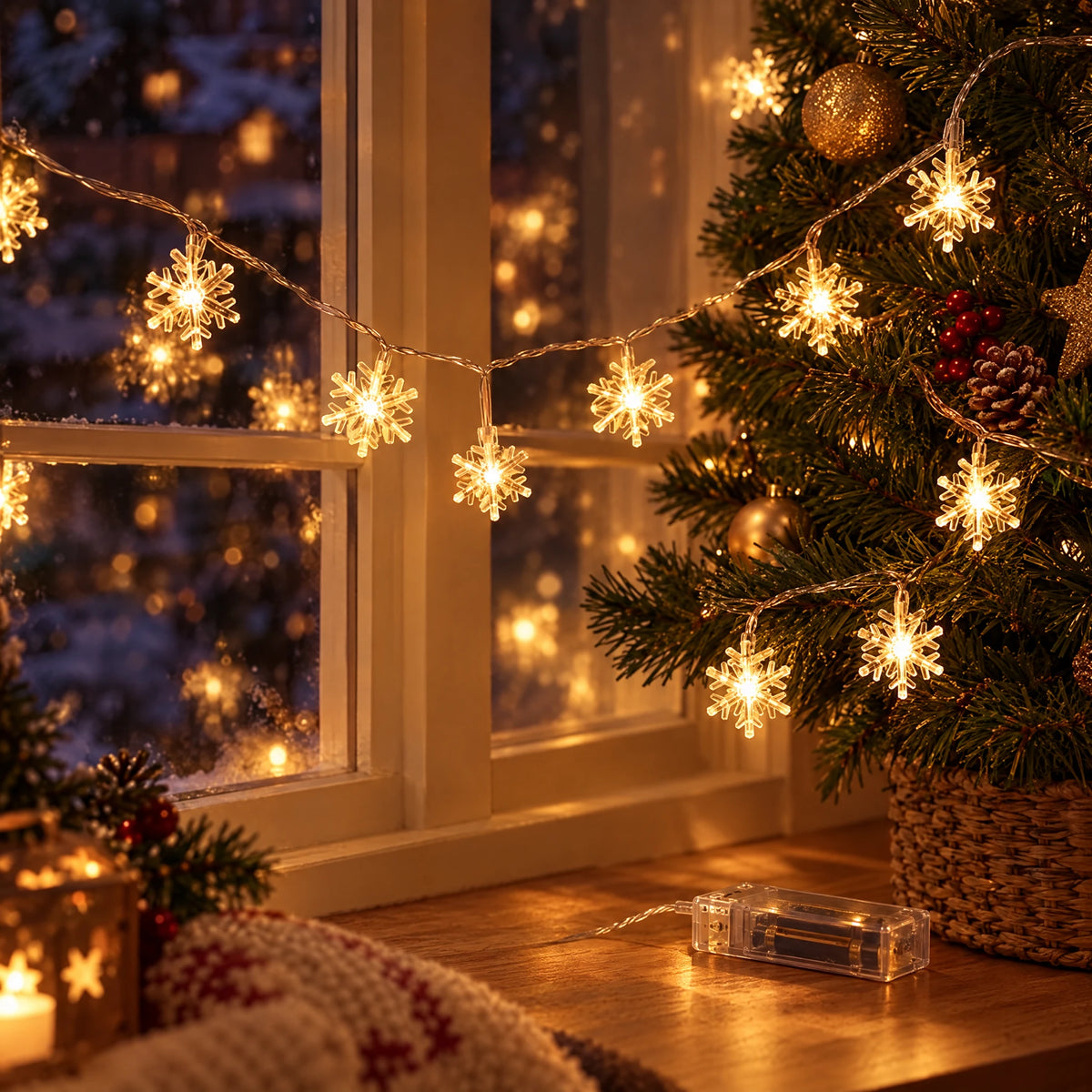 Christmas LED String Lights - Snowflake Warm White - Battery