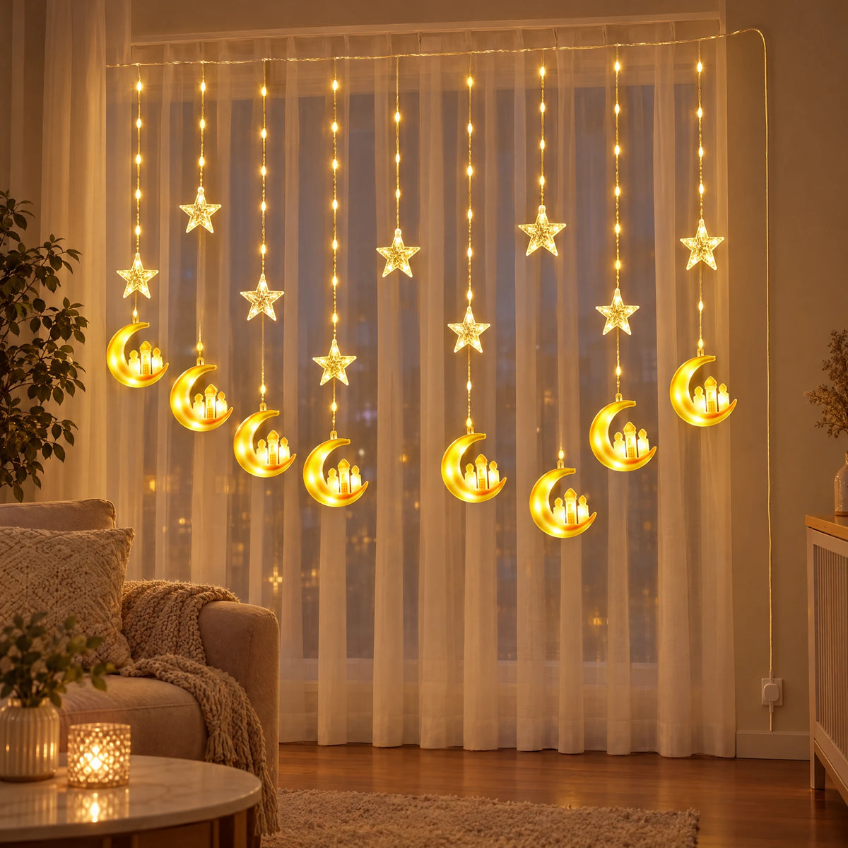 LED Curtain String Lights - Three Castles on Moon - Warm White