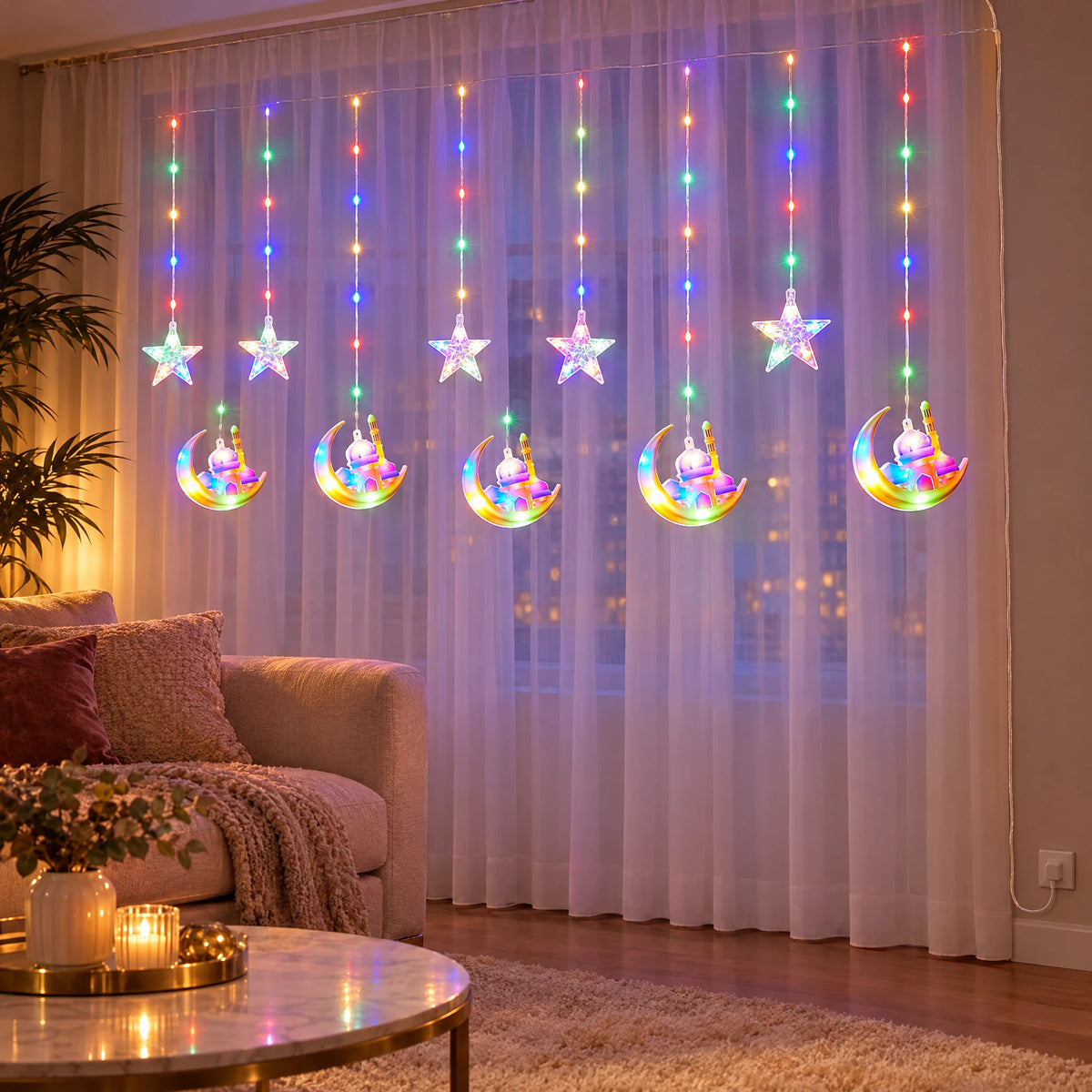 LED Curtain String Lights - Big Castle on Moon - Colorful