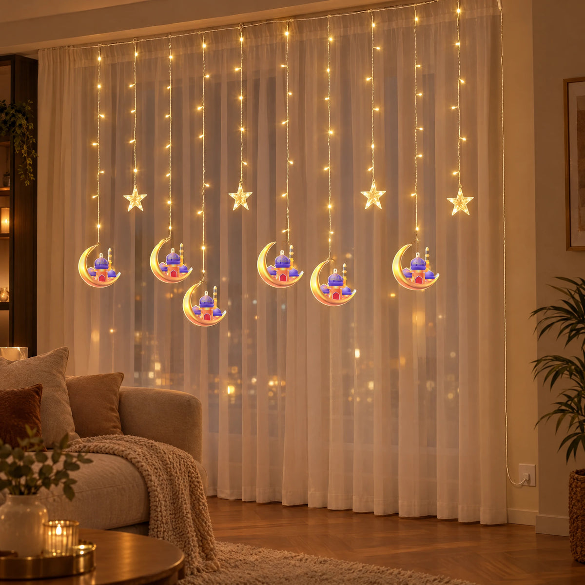 LED Curtain String Lights - LED Big Castle on Moon - Warm White