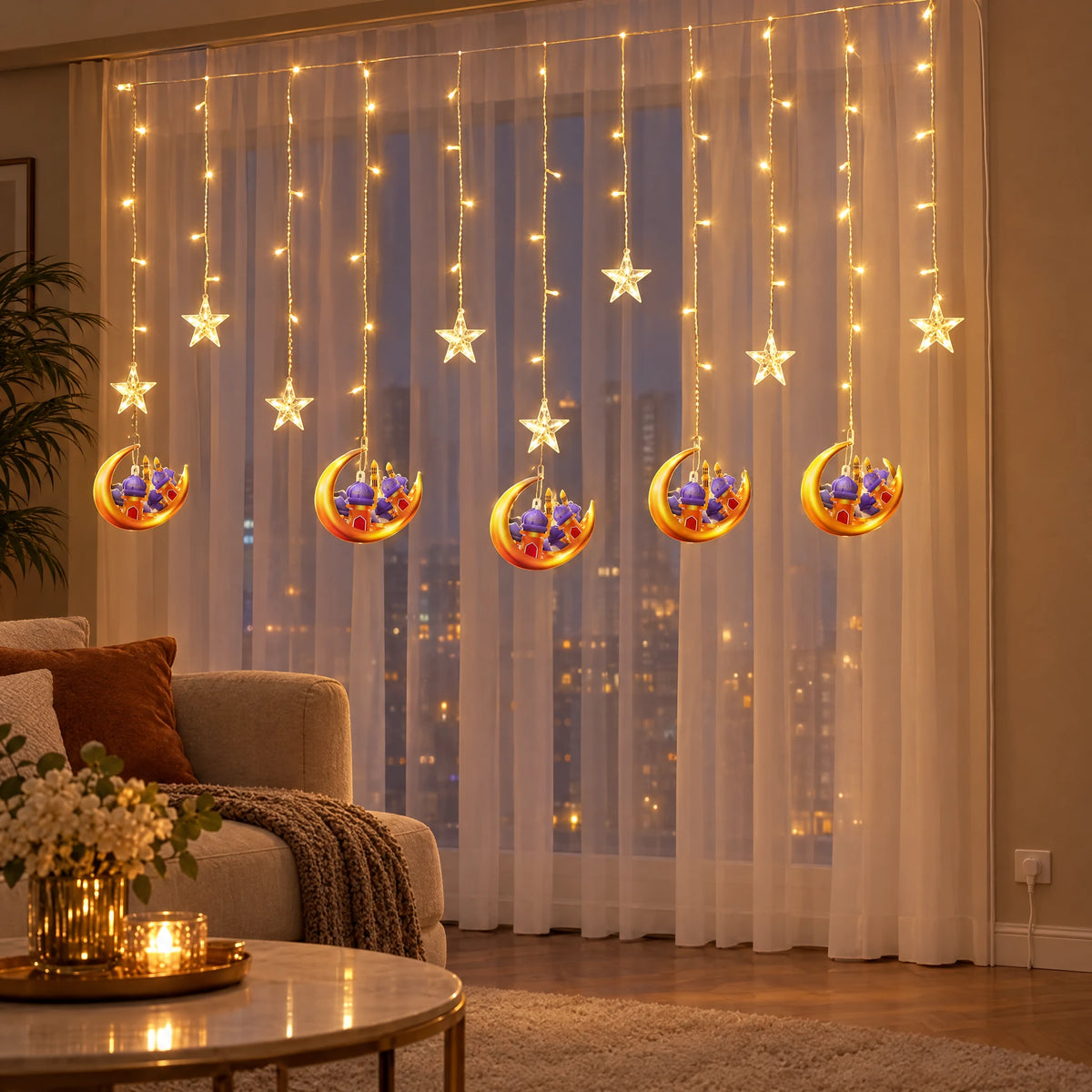 LED Curtain String Lights - LED Four Castles on Moon - Warm White