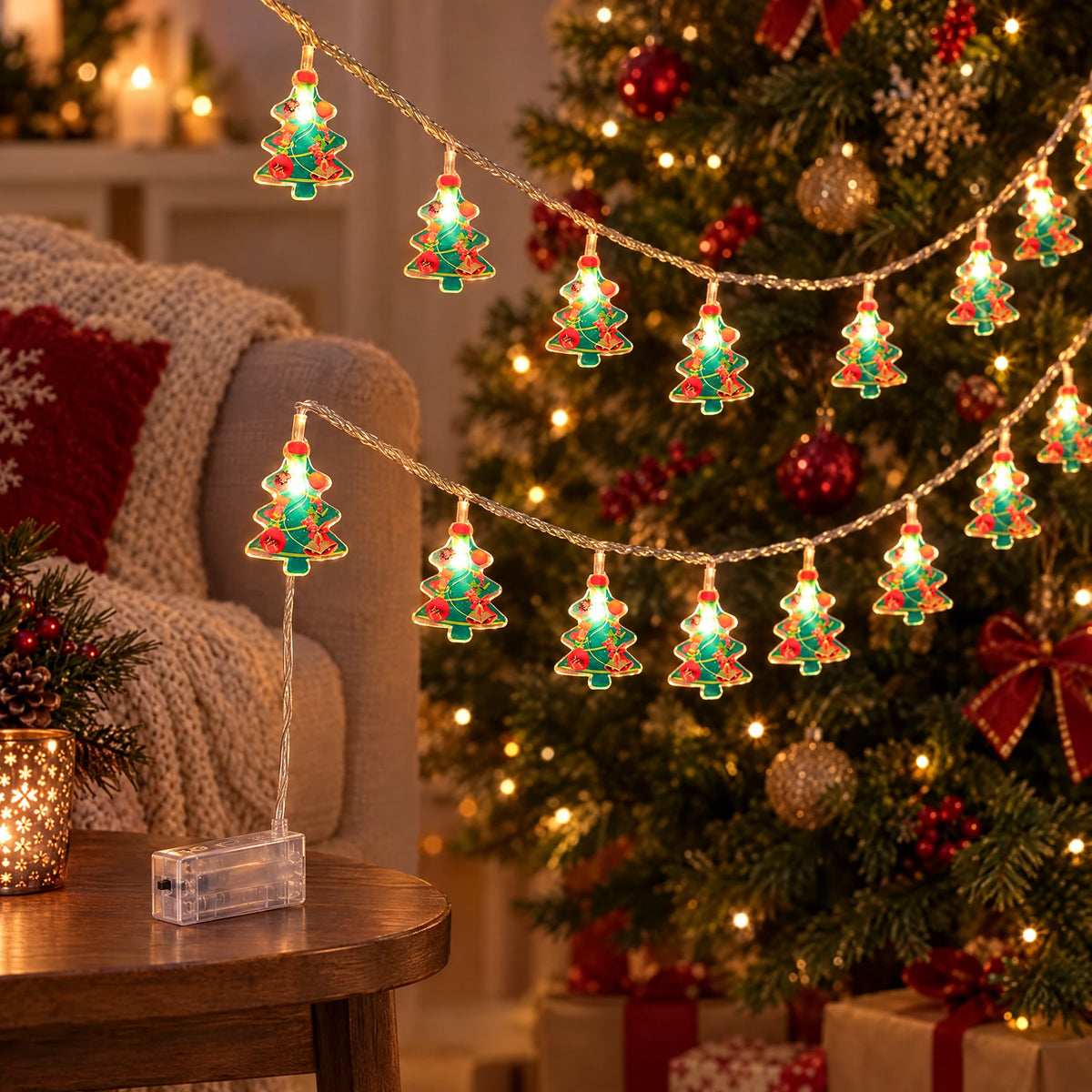 Christmas LED String Lights - Painted Christmas Tree - Battery