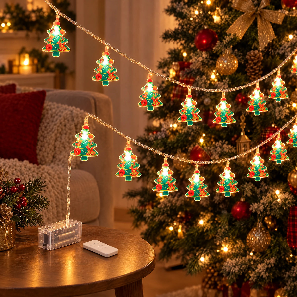 Christmas LED String Lights - Painted Christmas Tree - Battery with Remote