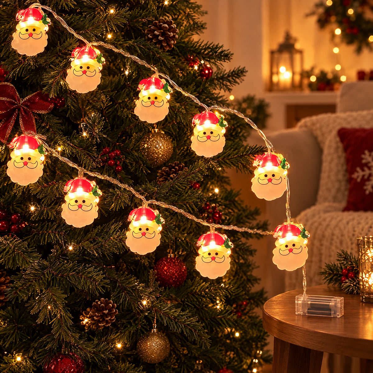 Christmas LED String Lights - Painted Big Beard Santa - Battery