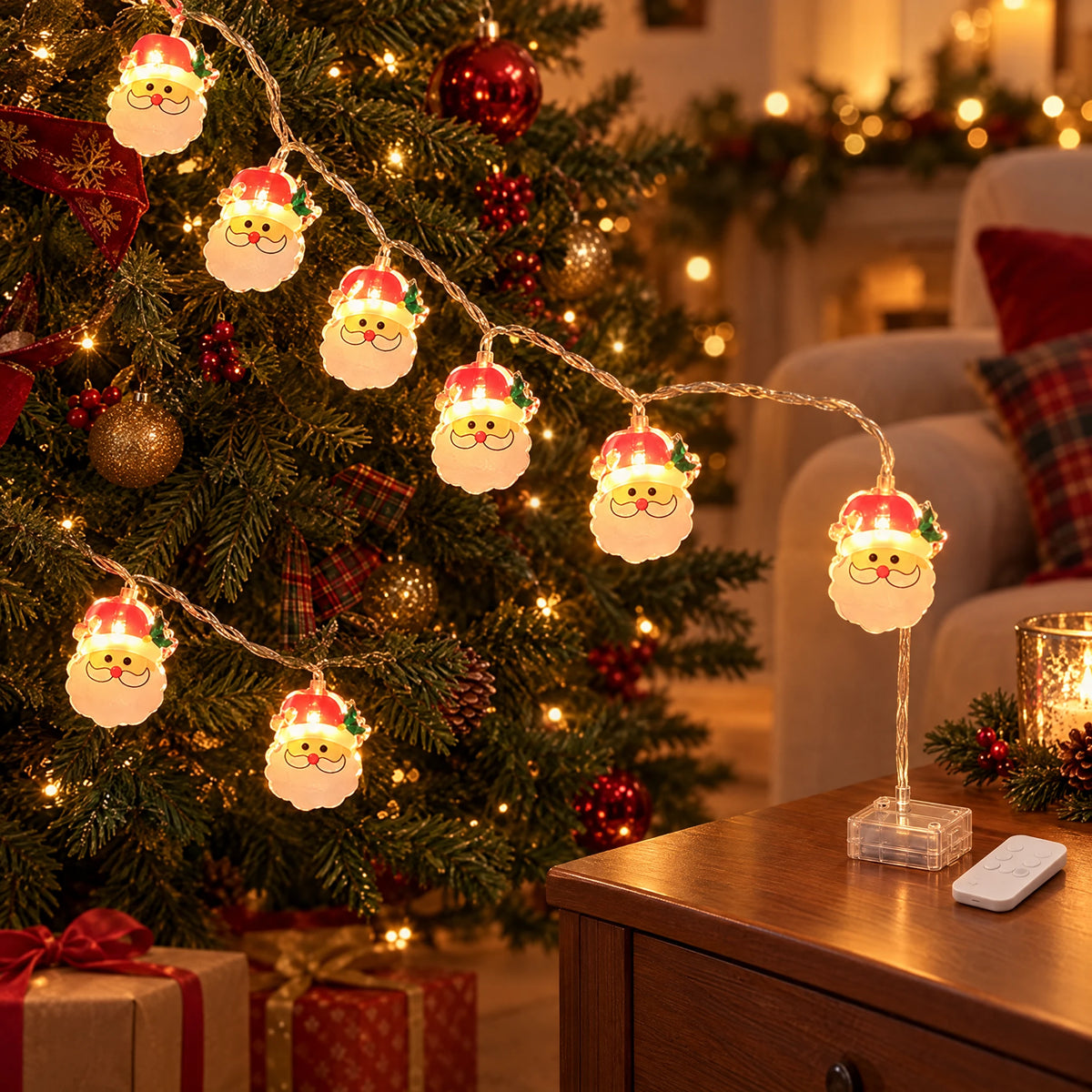 Christmas LED String Lights - Painted Big Beard Santa - Battery with Remote