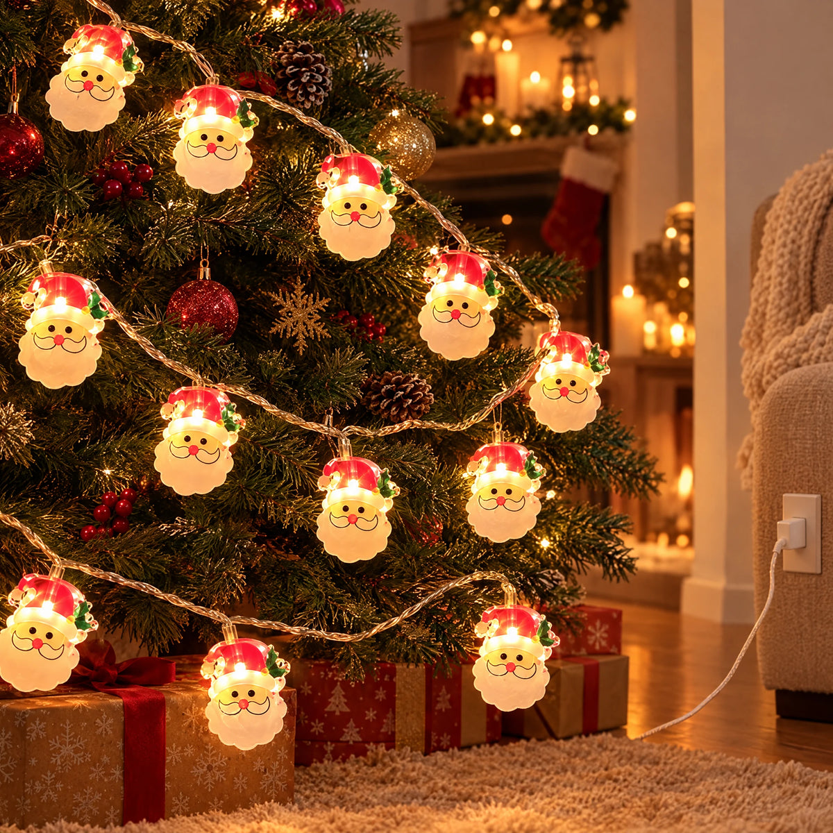 Christmas LED String Lights - Painted Big Beard Santa - Plug-In