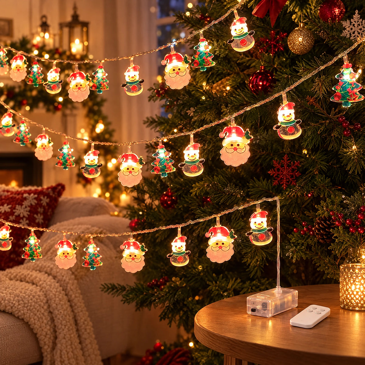 Christmas LED String Lights - Painted Mix Snowman + Big Beard + Christmas Tree - Battery with Remote