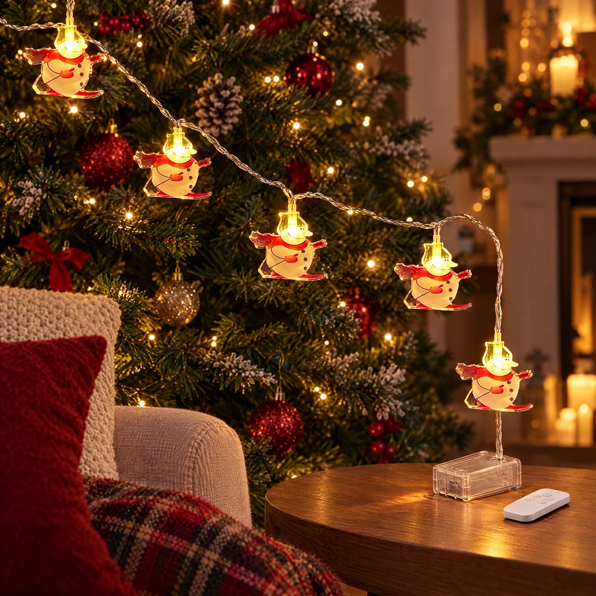 Christmas LED String Lights - Painted Skiing Snowman - Battery with Remote