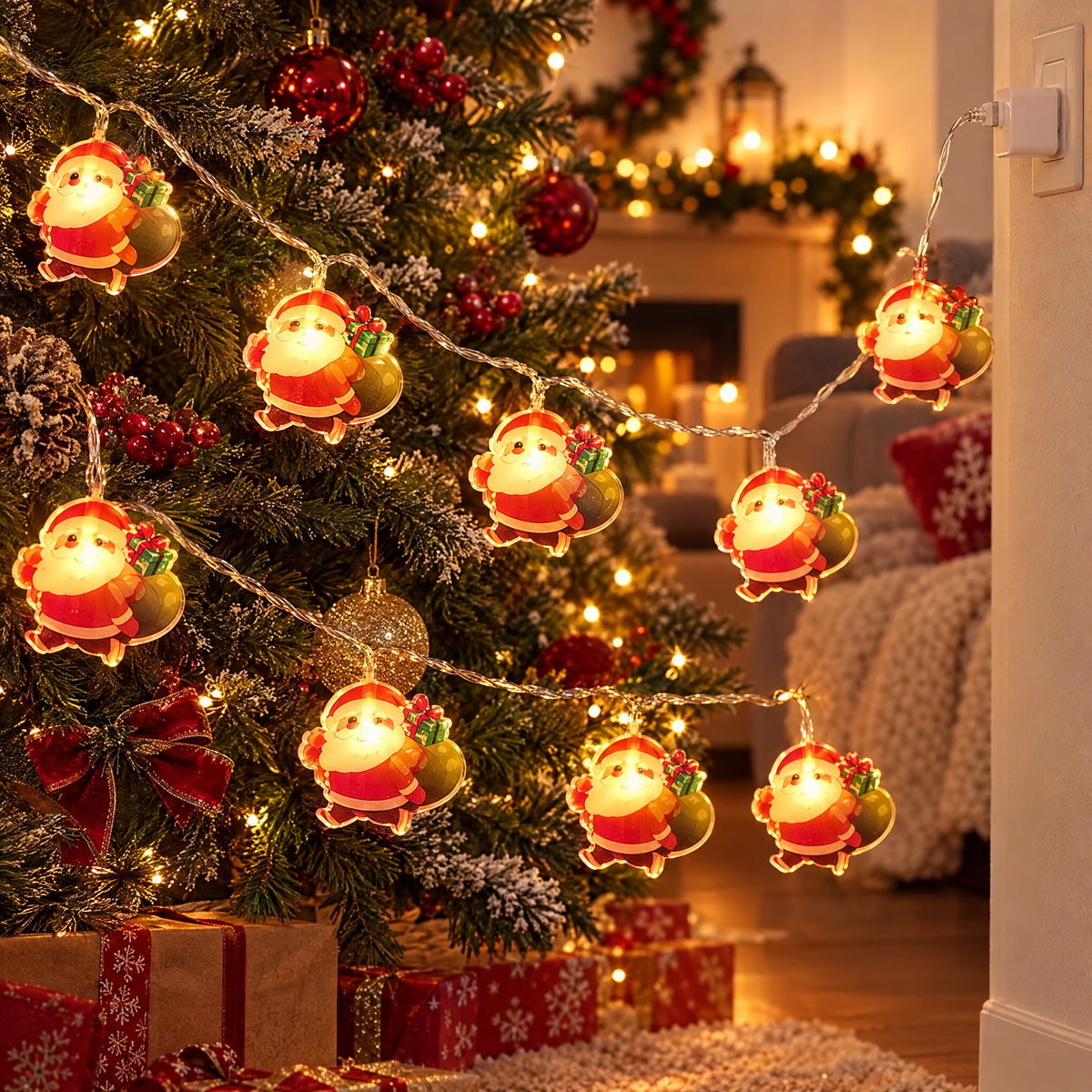 Christmas LED String Lights - Painted Backpack Santa - USB
