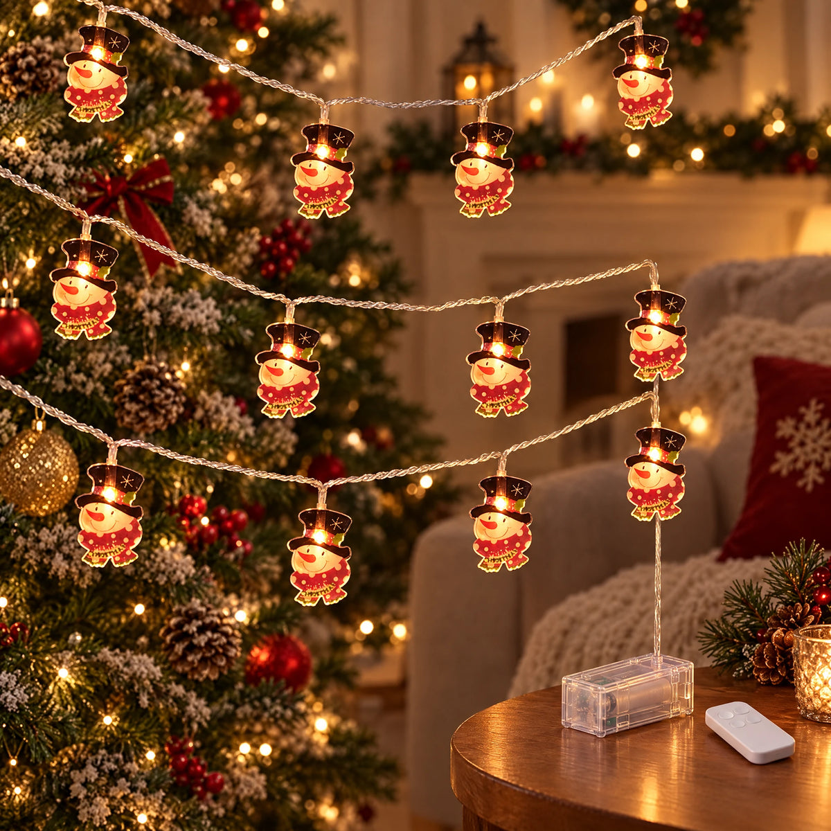 Christmas LED String Lights - Painted Top Hat Snowman - Battery with Remote
