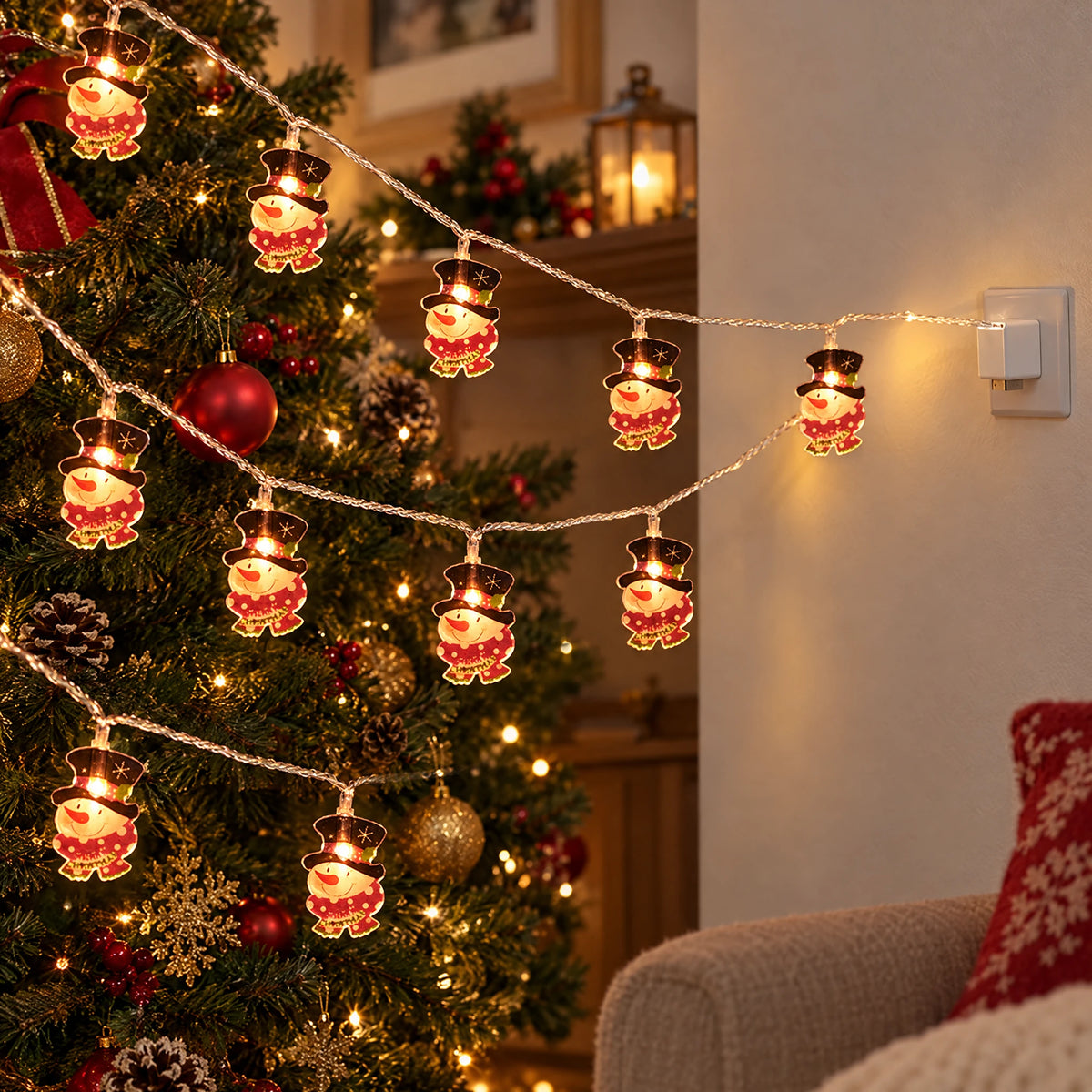 Christmas LED String Lights - Painted Top Hat Snowman - USB