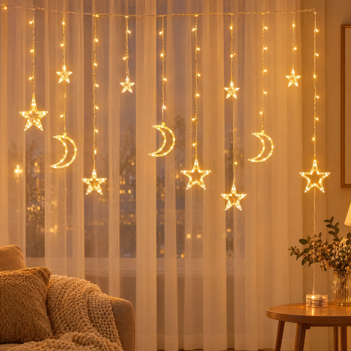 Star Curtain String Lights with Moon and Wishing Ball Styles - Star Moon Style Warm White - Battery Box Model