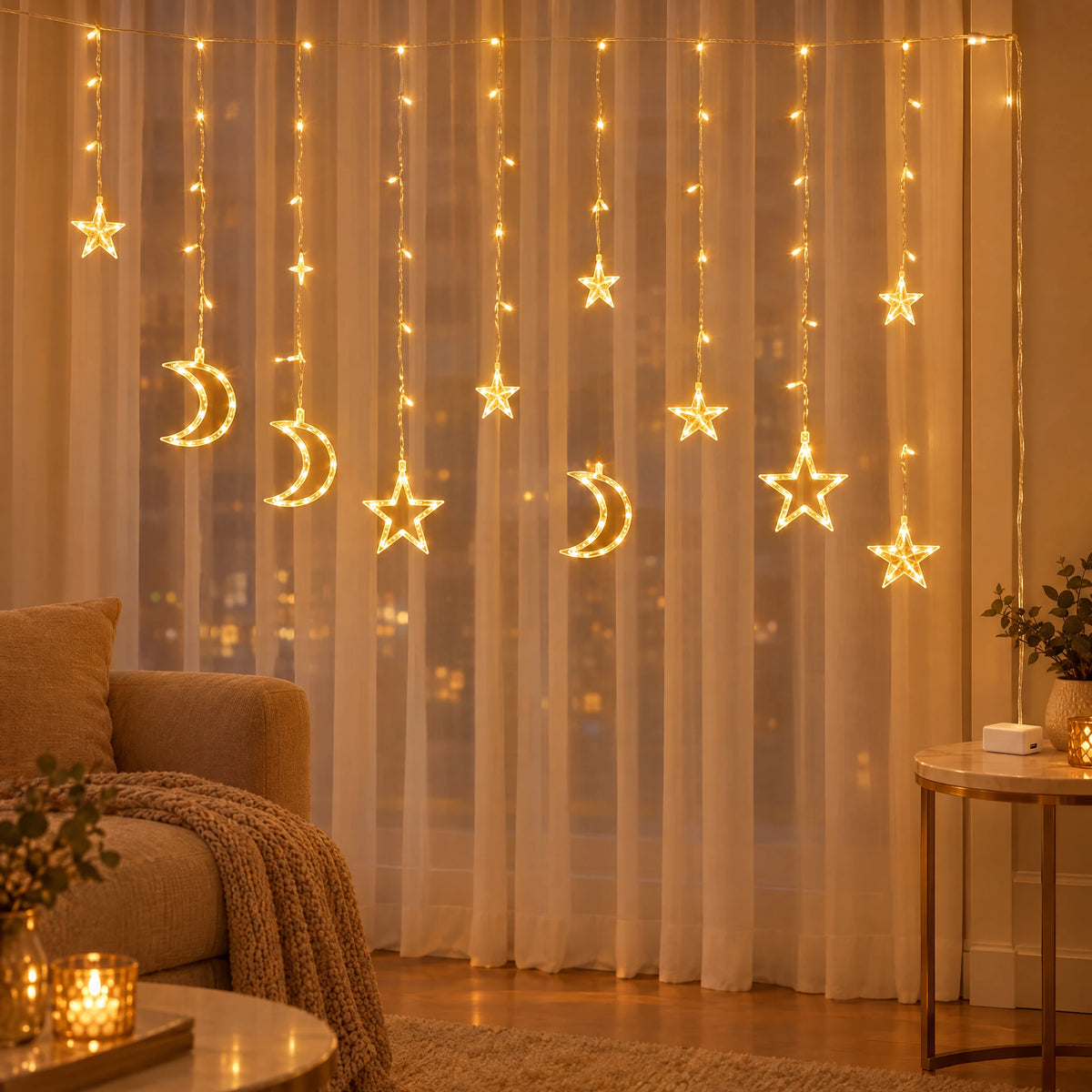 Star Curtain String Lights with Moon and Wishing Ball Styles - Star Moon Style Warm White - Battery Model +USB Dual-Use Model