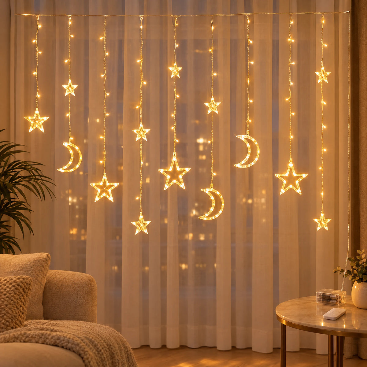 Star Curtain String Lights with Moon and Wishing Ball Styles - Star Moon Style Warm White - Battery Box with Remote Control