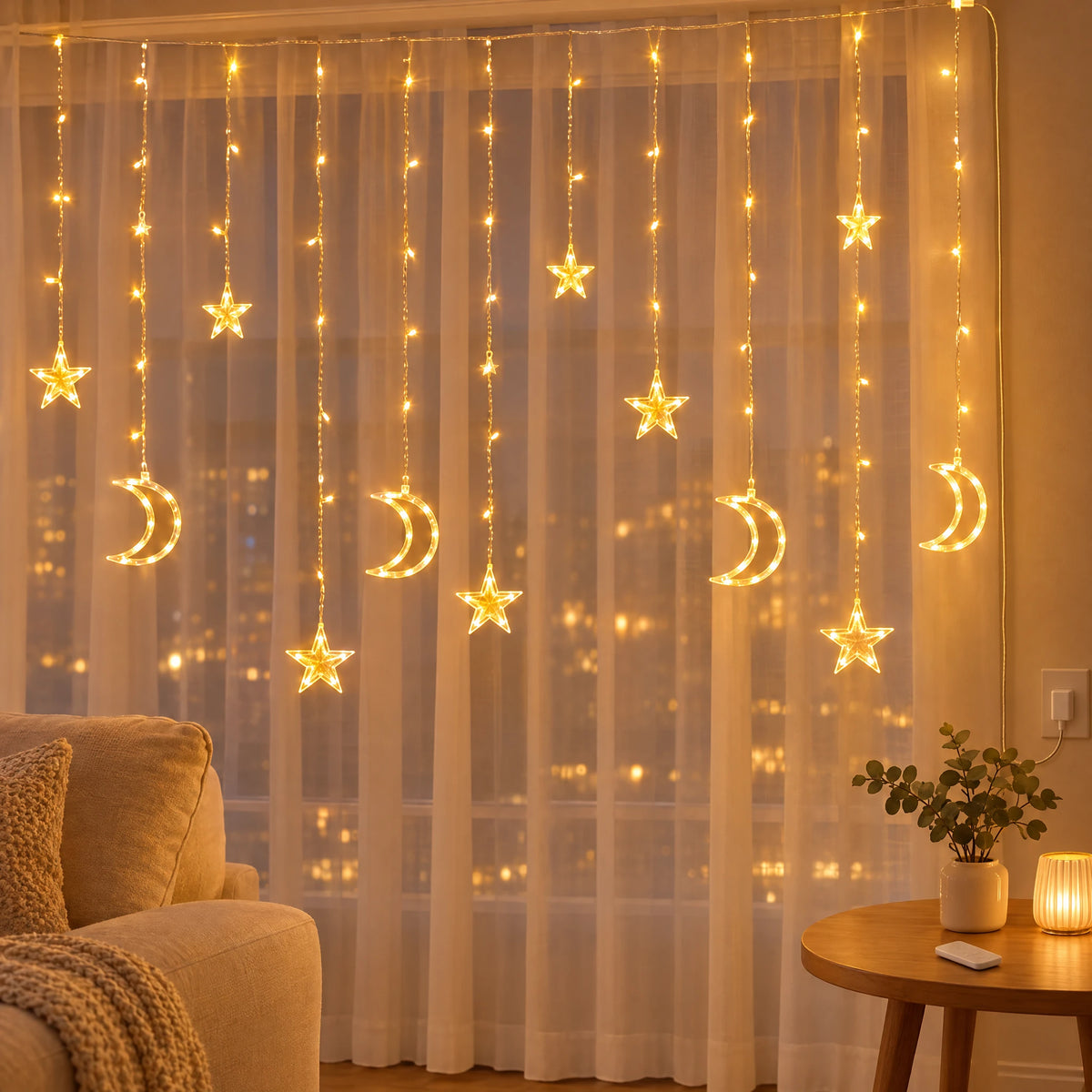 Star Curtain String Lights with Moon and Wishing Ball Styles - Star Moon Style Warm White - USB with Remote Control