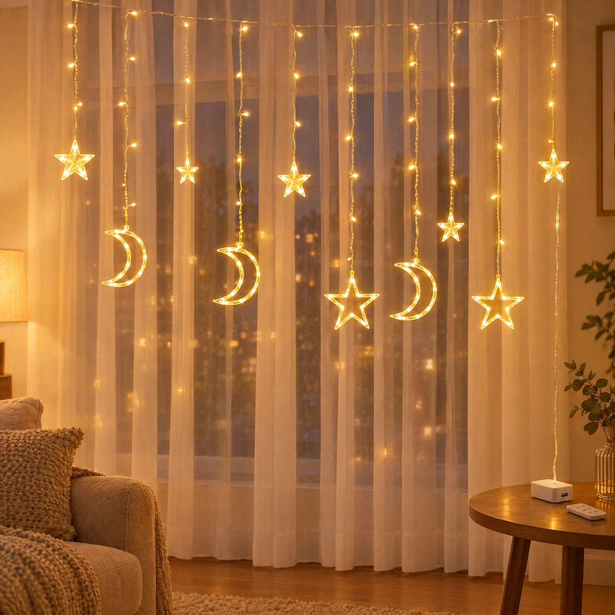 Star Curtain String Lights with Moon and Wishing Ball Styles - Star Moon Style Warm White - Battery +USB Dual-Use Model with Remote Control