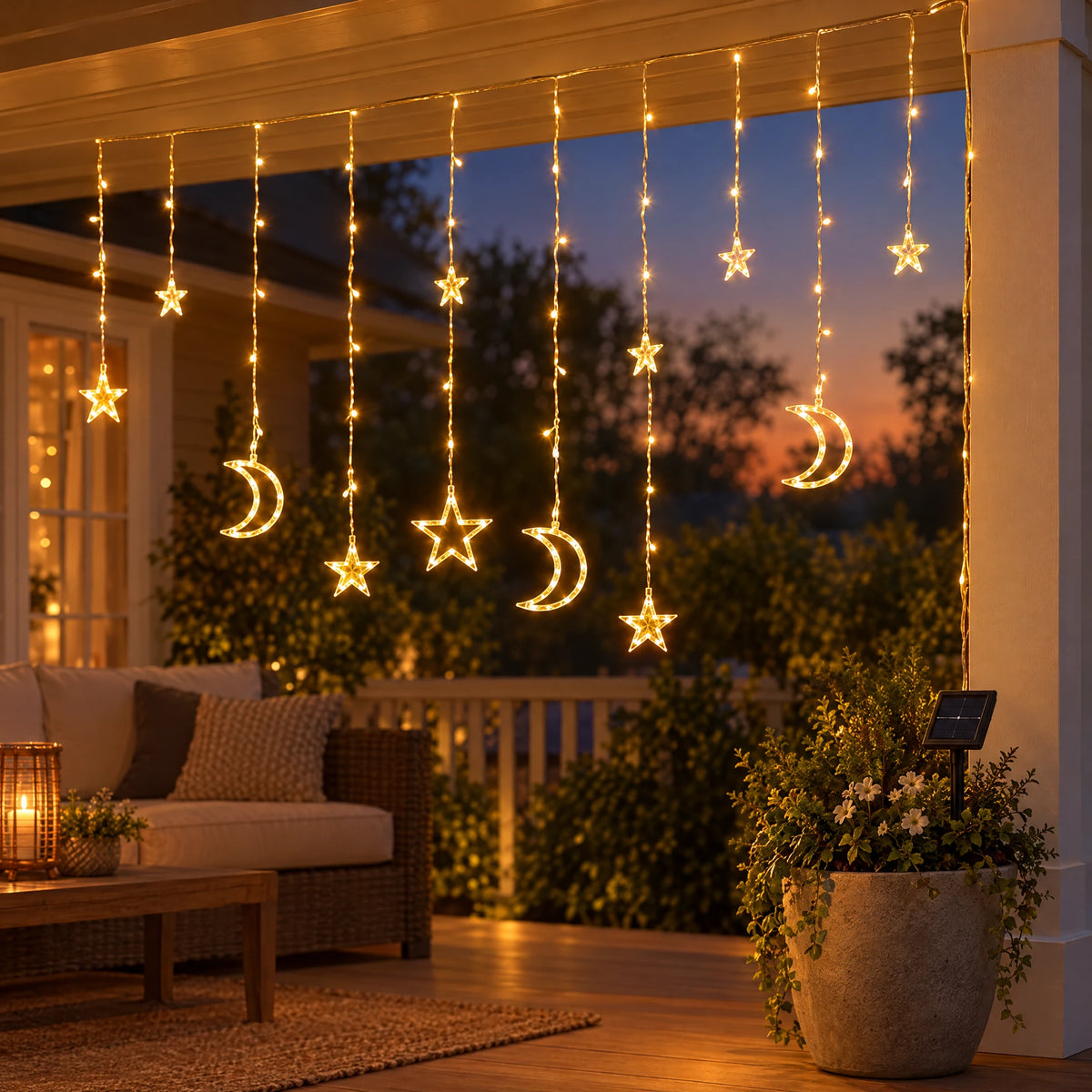 Star Curtain String Lights with Moon and Wishing Ball Styles - Star Moon Style Warm White - Solar 8 Functions