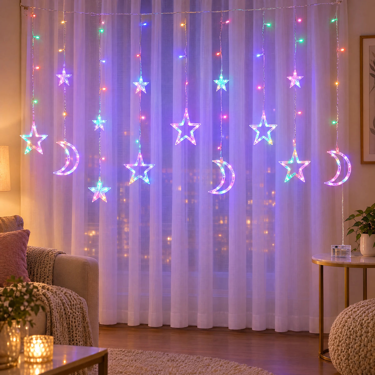 Star Curtain String Lights with Moon and Wishing Ball Styles - Star Moon Style Colorful - Battery Box Model